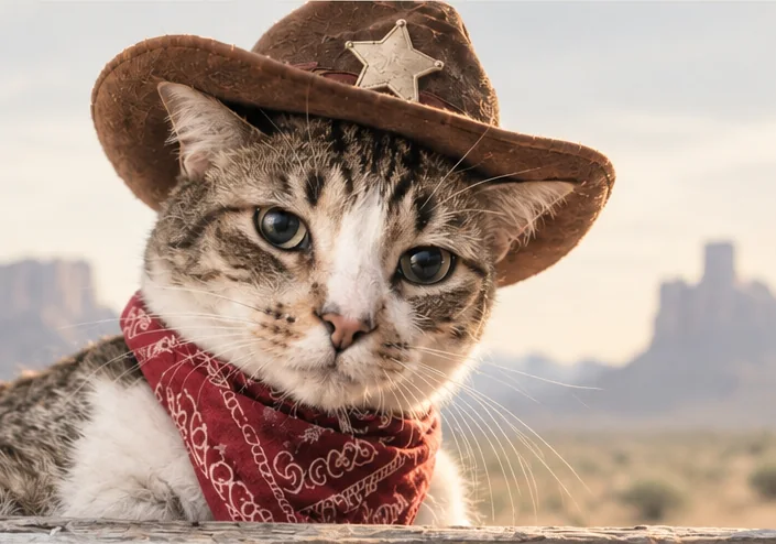 Western-inspired artwork of Pancho, a gray-and-white tabby wearing a sheriff-star cowboy hat and red bandana.